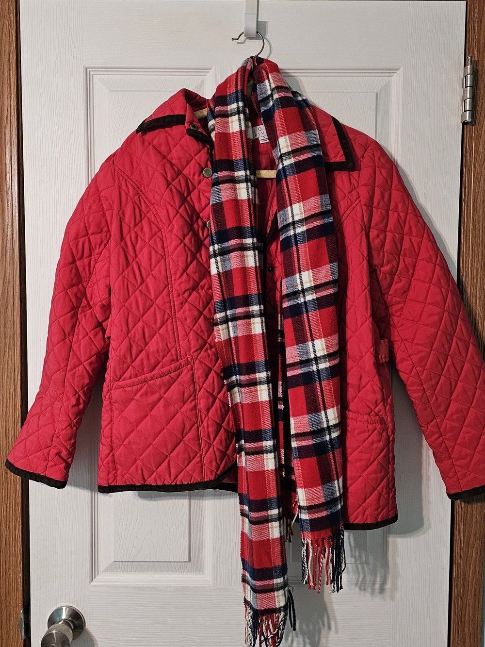 Joan Rivers Red Quilted Puffer Jacket with Plaid Scarf